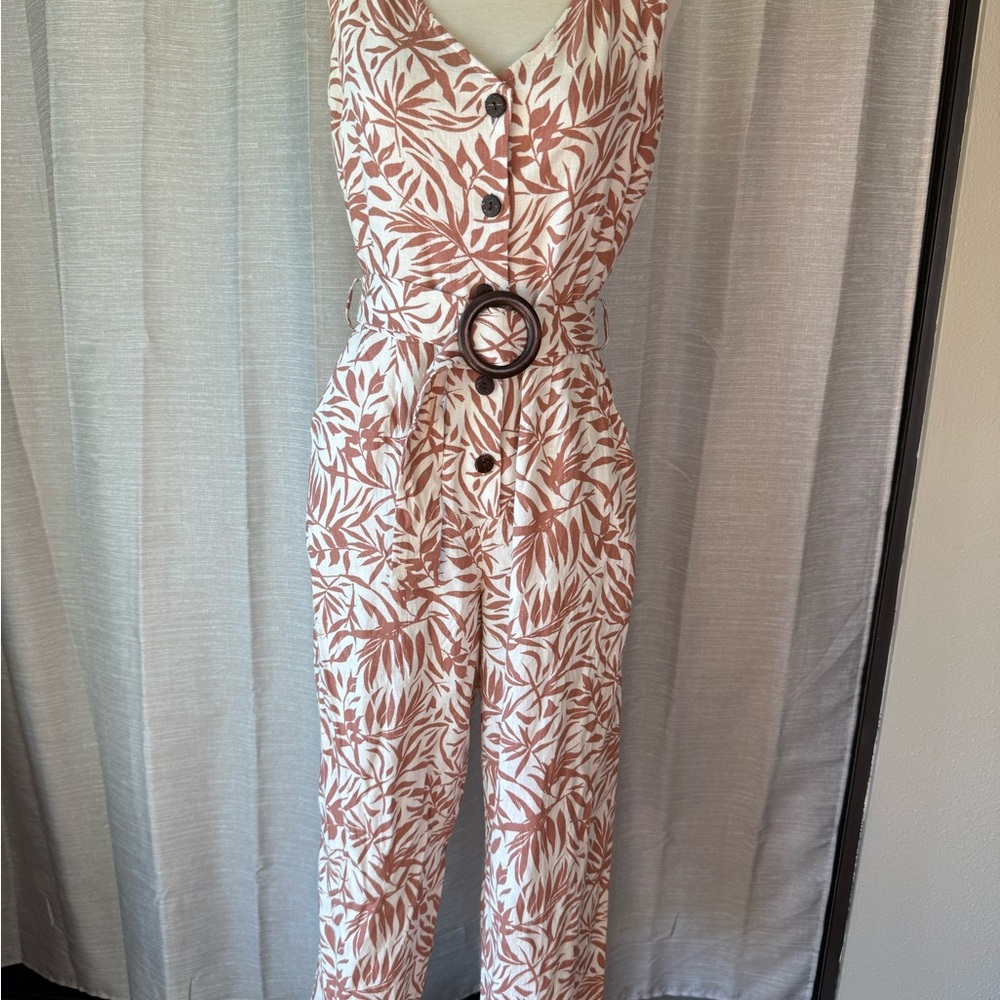Leaf Print Jumpsuit with Belt